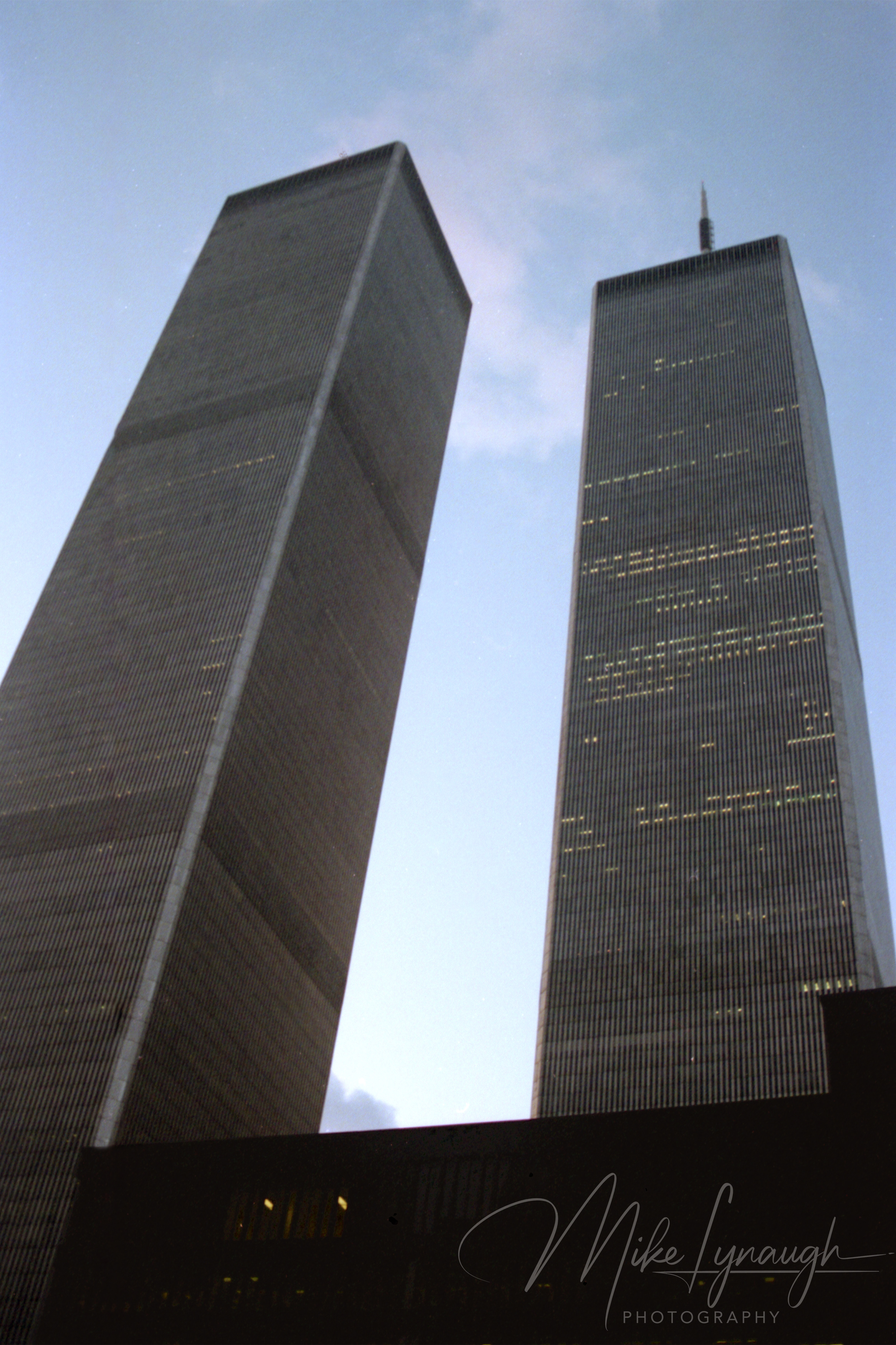 Low-angle photography looking up at 1 and 2 World Trade Center Twin Towers in New York City on March 28, 1994